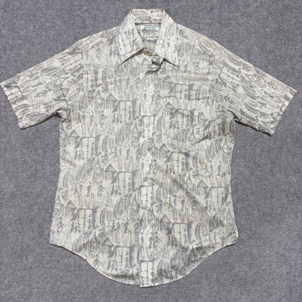 Vintage Kmart Permanent Press Nylon Novelty Print Shirt Gray White Mens Large